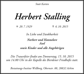 Todesanzeige von Herbert Stalling von Trauer.de