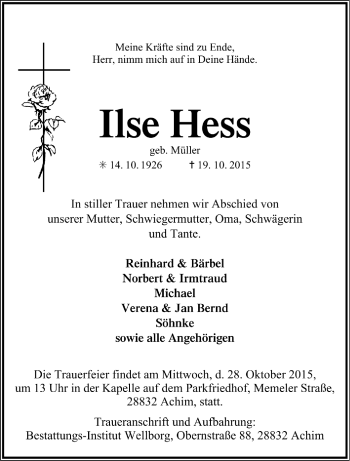 Todesanzeige von Ilse Hess von Trauer.de