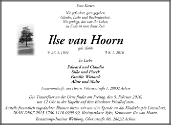 Todesanzeige von Ilse von Hoorn von Trauer.de