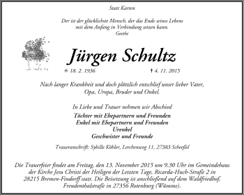 Todesanzeige von Jürgen Schultz von Trauer.de