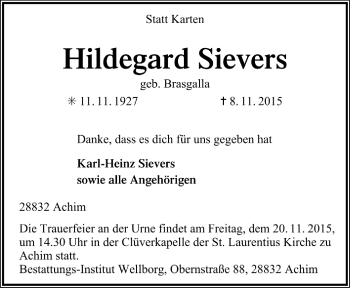 Todesanzeige von Hildegard Sievers von Trauer.de