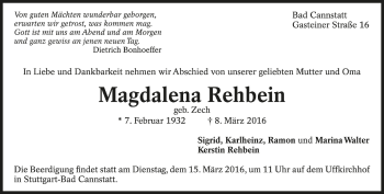 Todesanzeige von Magdalena Rehbein von Trauer.de