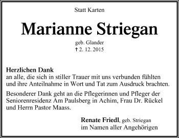 Todesanzeige von Marianne Striegan von Trauer.de