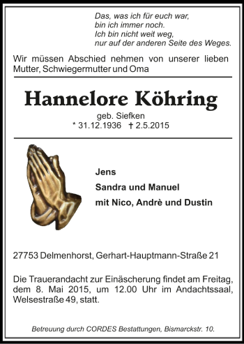 Todesanzeige von Hannelore Köhring von Trauer.de