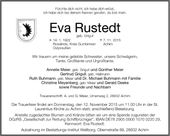 Todesanzeige von Eva Rustedt von Trauer.de