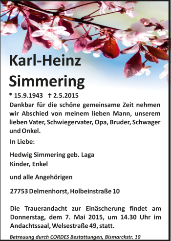 Todesanzeige von Karl-Heinz Simmering von Trauer.de