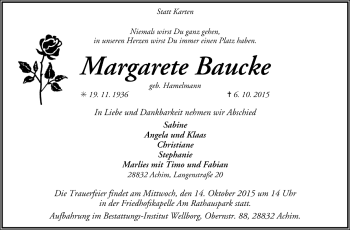 Todesanzeige von Margarete Baucke von Trauer.de