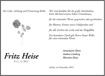 Todesanzeige von Fritz Heise von Trauer.de