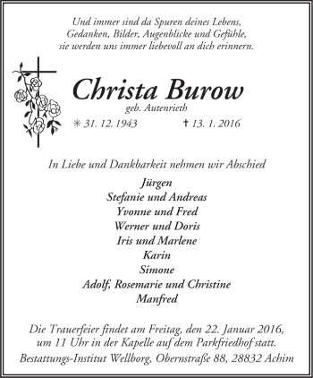 Todesanzeige von Christa Burow von Trauer.de