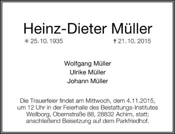 Todesanzeige von Heinz-Dieter Müller von Trauer.de