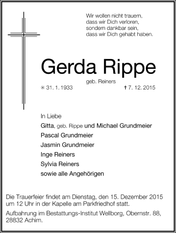 Todesanzeige von Gerda Rippe von Trauer.de