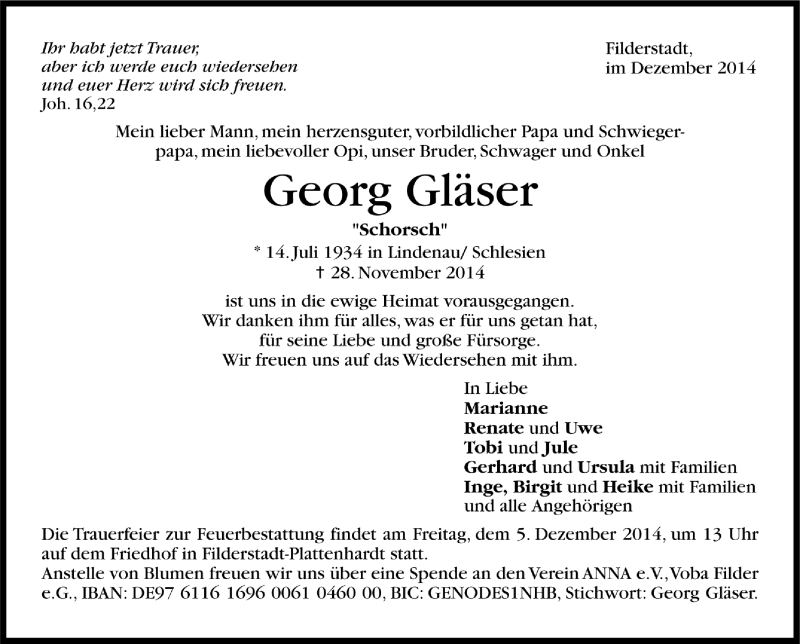 Traueranzeigen von Georg Gläser | Trauer.de