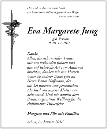 Todesanzeige von Eva Margarete Jung von Trauer.de