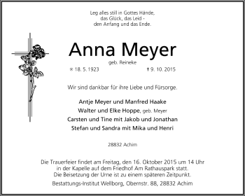 Todesanzeige von Anna Meyer von Trauer.de