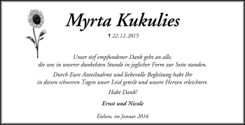 Todesanzeige von Myrta Kukulies von Trauer.de