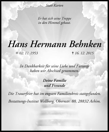 Todesanzeige von Hans Hermann Behnken von Trauer.de