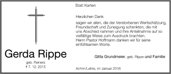 Todesanzeige von Gerda Rippe von Trauer.de