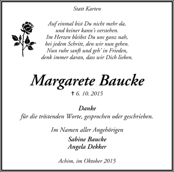 Todesanzeige von Margarete Baucke von Trauer.de