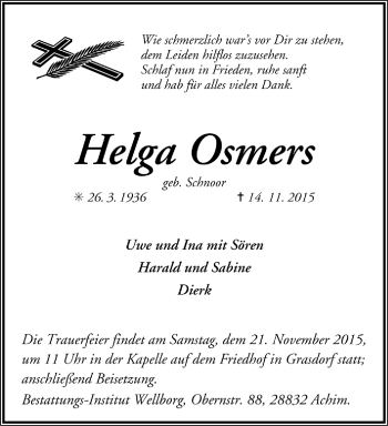 Todesanzeige von Helga Osmers von Trauer.de