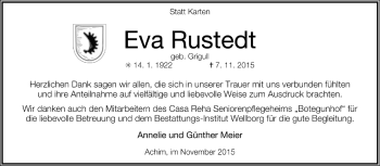 Todesanzeige von Eva Rustedt von Trauer.de