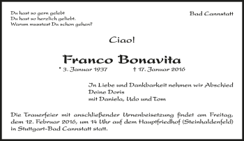 Todesanzeige von Franco Bonavita von Trauer.de