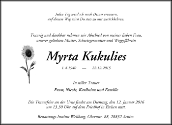 Todesanzeige von Myrta Kukulies von Trauer.de