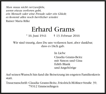 Todesanzeige von Erhard Grams von Trauer.de