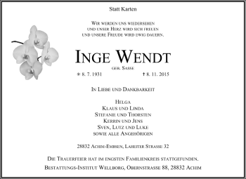 Todesanzeige von Inge  Wendt von Trauer.de