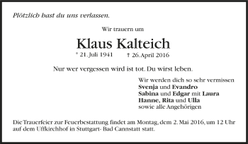 Todesanzeige von Klaus Kalteich von Trauer.de