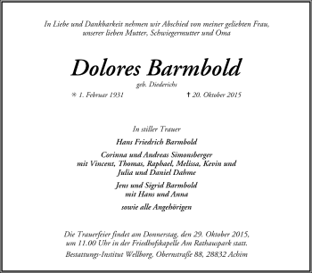 Todesanzeige von Dolores Barmbold von Trauer.de