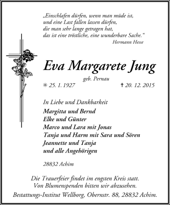 Todesanzeige von Eva Margarete Jung 