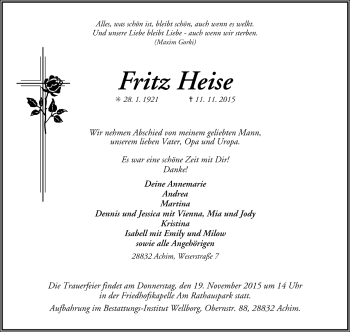 Todesanzeige von Fritz Heise von Trauer.de