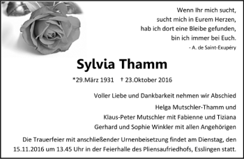 Todesanzeige von Sylvia Thamm von Trauer.de