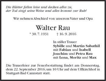 Todesanzeige von Walter Rau von Trauer.de