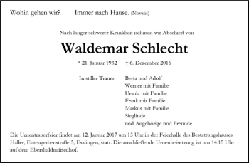 Todesanzeige von Waldemar Schlecht von Trauer.de