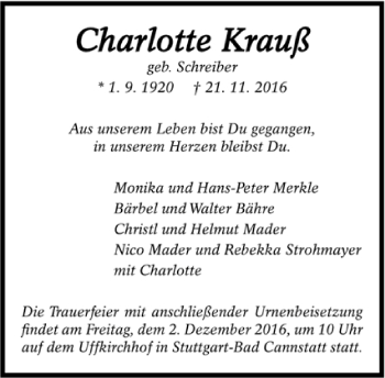 Todesanzeige von Charlotteq Krauß von Trauer.de