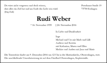 Todesanzeige von Rudi Weber von Trauer.de