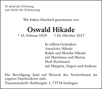 Todesanzeige von Oswald Hikade von Trauer.de