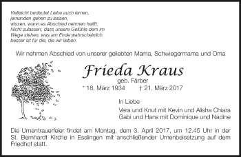 Todesanzeige von Frieda Kraus von Trauer.de
