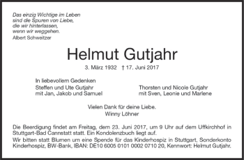 Todesanzeige von Helmut Gutjahr von Trauer.de