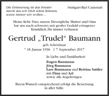 Todesanzeige von Gertrud Baumann von Trauer.de