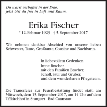 Todesanzeige von Erika Fischer von Trauer.de
