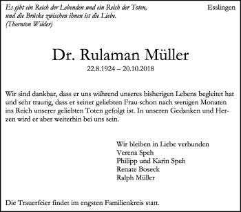 Todesanzeige von Rulaman Müller von Trauer.de