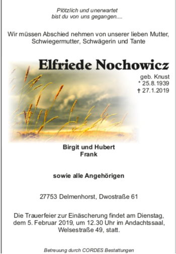 Todesanzeige von Elfriede Nochowicz von trauer.de