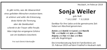 Todesanzeige von Sonja Weiler von trauer.de