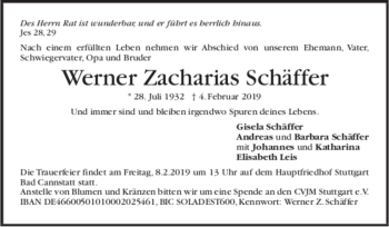 Todesanzeige von Werner Zacharias Schäffer von Trauer.de