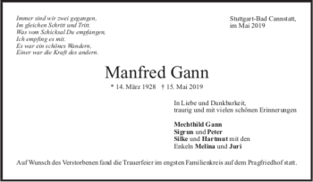 Todesanzeige von Manfred Gann von trauer.de