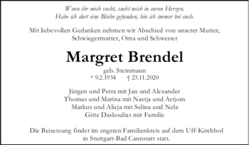 Todesanzeige von Margret Bfrendel von trauer.de