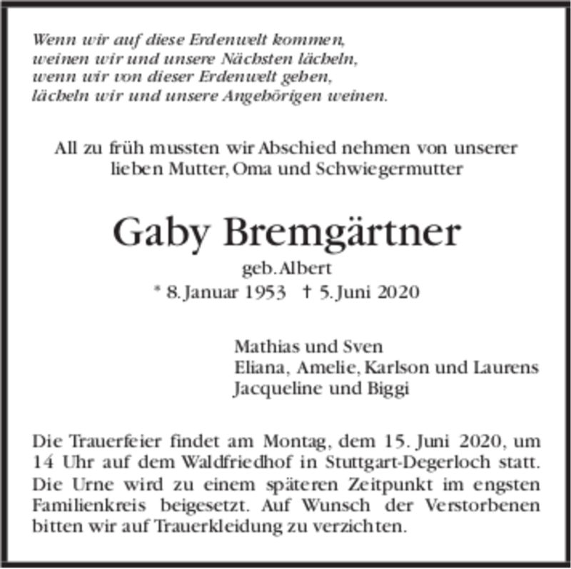 Traueranzeigen Von Gaby Bremg Rtner Trauer De