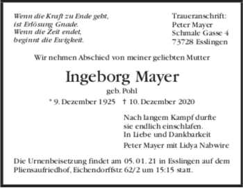 Todesanzeige von Ingeborg Mayer von trauer.de